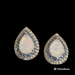 Teardrop Opal Stud Earrings With Blue & White Zircons Silver Studs NWT